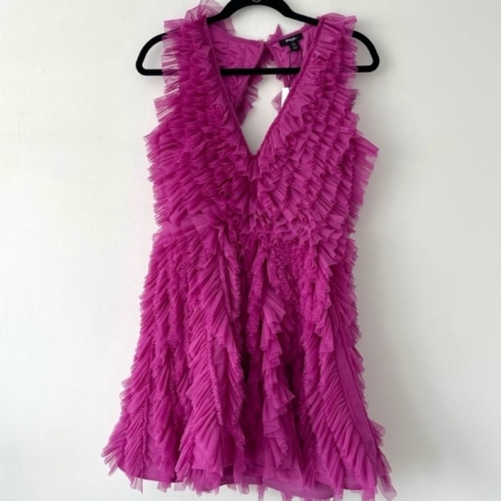 NWT Nasty Gal Tulle Layered V Neck Mini Dress | US 6, Purple Pink